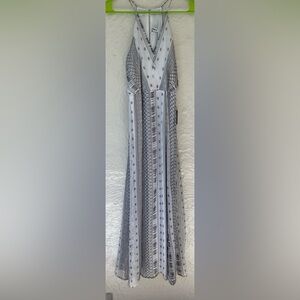 NWT Express fully lined, silver, white halter neck, back slit maxi dress; XS